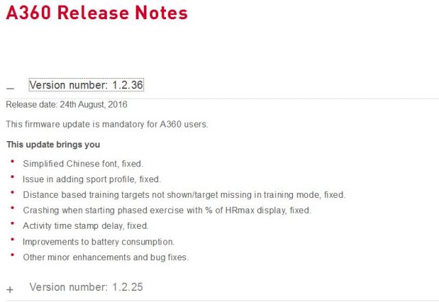 Polar A360 Release notes ersion number: 1.2.36